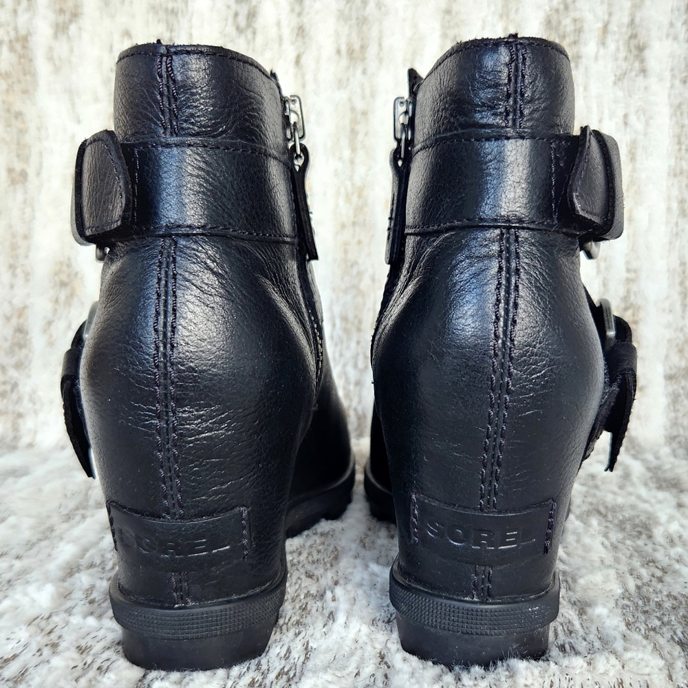 Sorel "Joan of Arctic Wedge II Buckle Bootie" WP Black Leather | Women's Size 8 - Picture 7 of 14